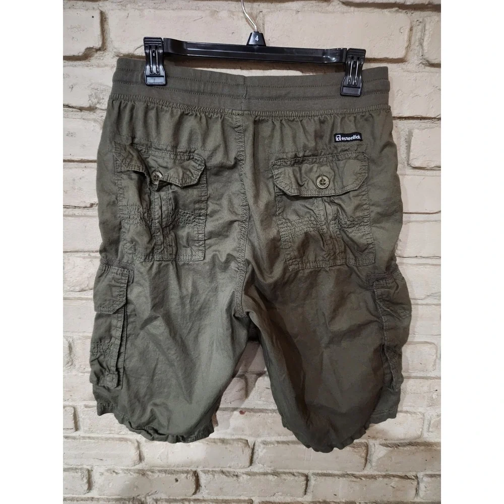 SD Essentials Mens Cargo Shorts Olive Green Elastic Waist Drawstring Utility M